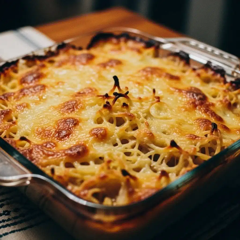 Old-school chicken noodle bake with a golden cheesy crust served in a dish.