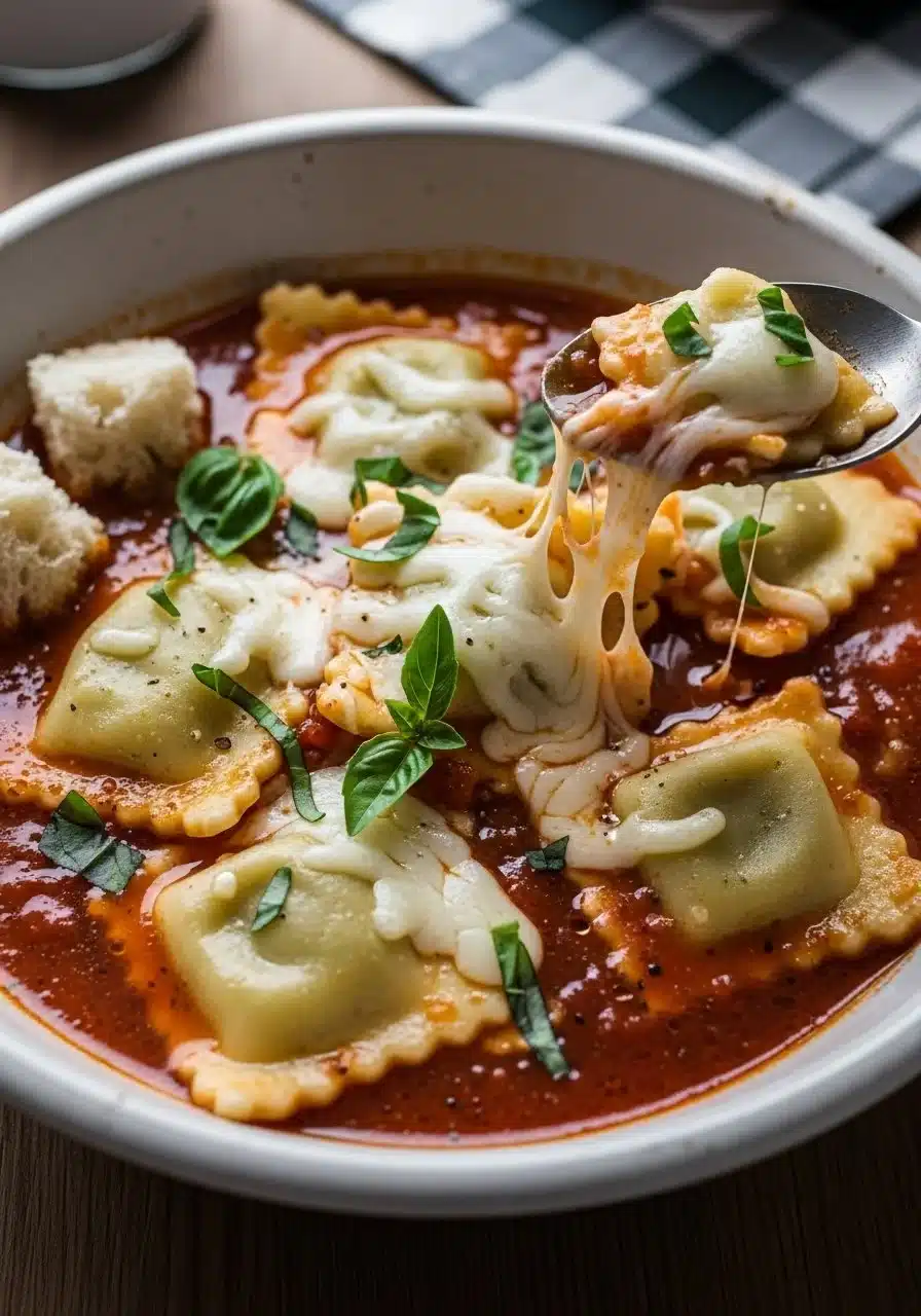 A comforting bowl of One Oven Ravioli Soup garnished with herbs and cheese
