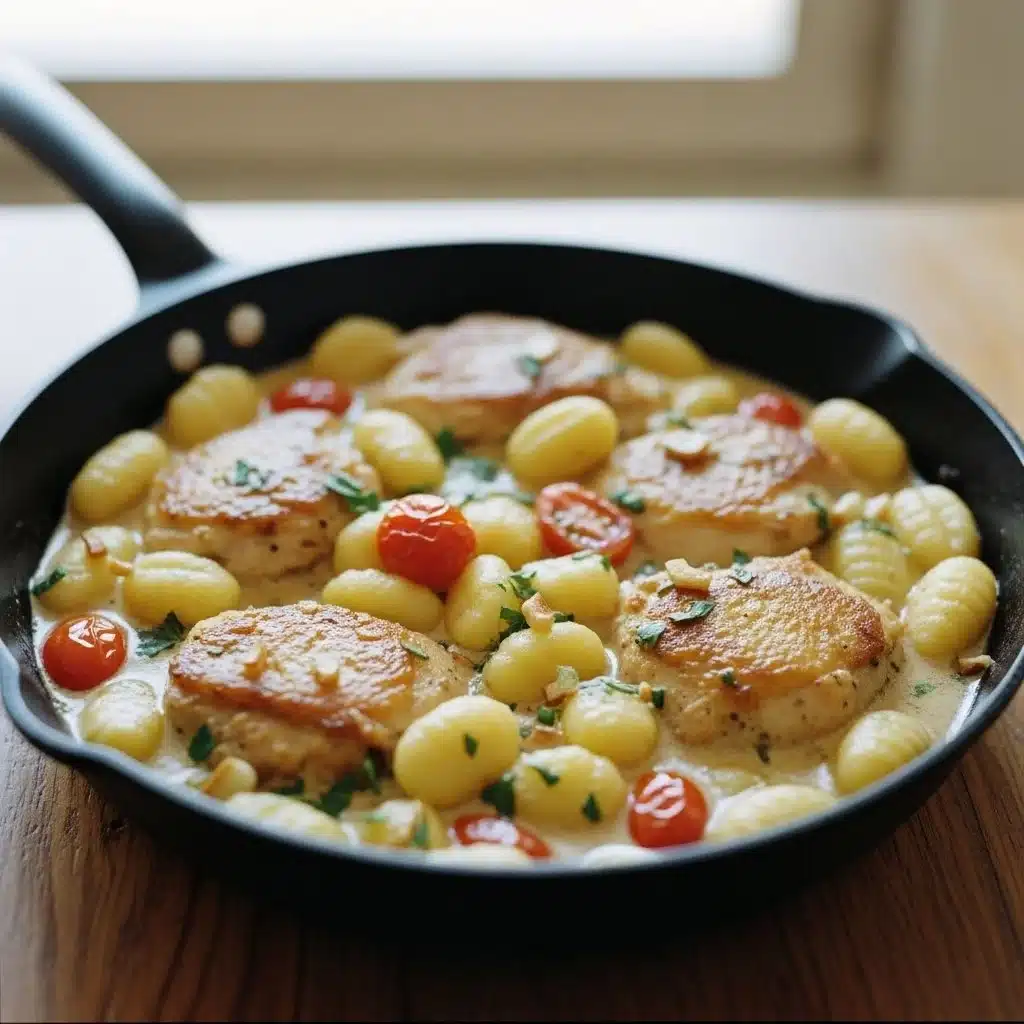 Creamy garlic chicken gnocchi served in a one-pan dish with herbs