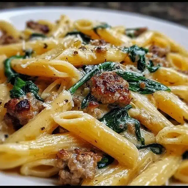 One-Pan Creamy Penne with Spinach and Italian Sausage dish