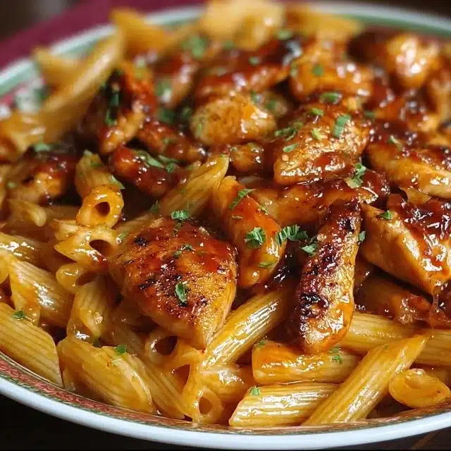 One-Pan Tangy Honey BBQ Chicken Penne served with fresh herbs