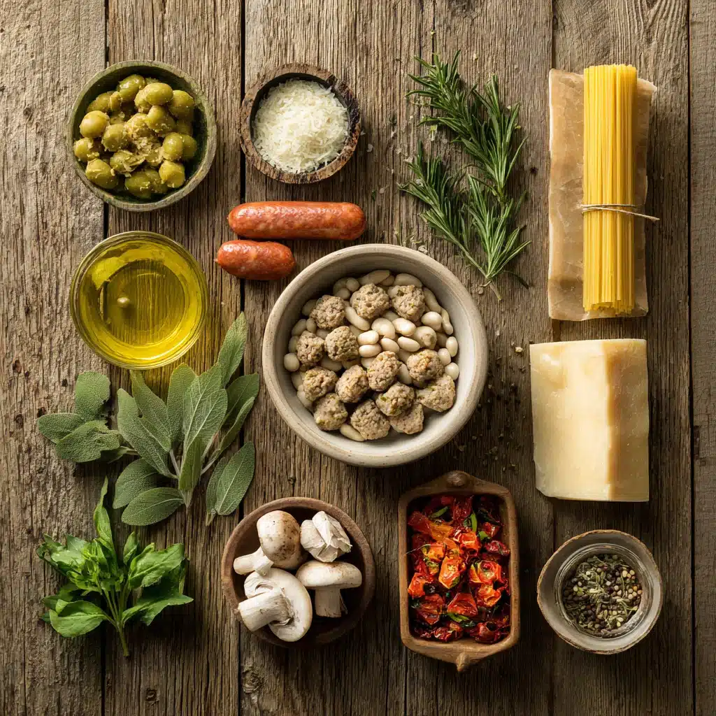Ingredients for pasta Italian soup displayed on a wooden board