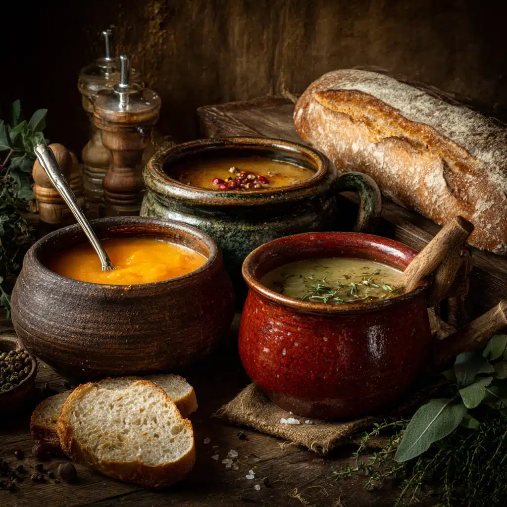 Pasta Italian soup served in bowls with Parmesan and fresh parsley