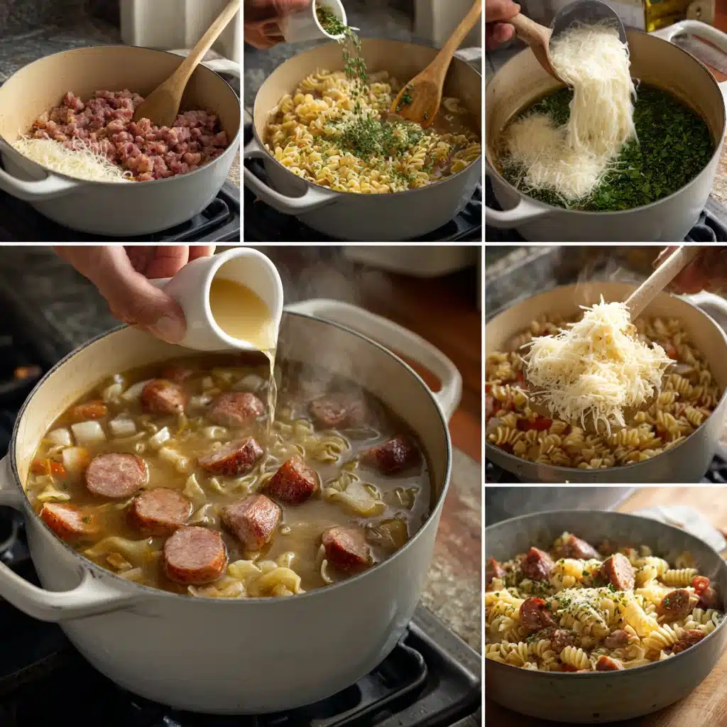 Pasta Italian soup cooking process with vegetables and sausage in pot