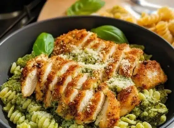 Plate of pesto pasta topped with Parmesan chicken and fresh basil