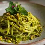 Pistachio Pesto Pasta with crushed pistachios and cheese
