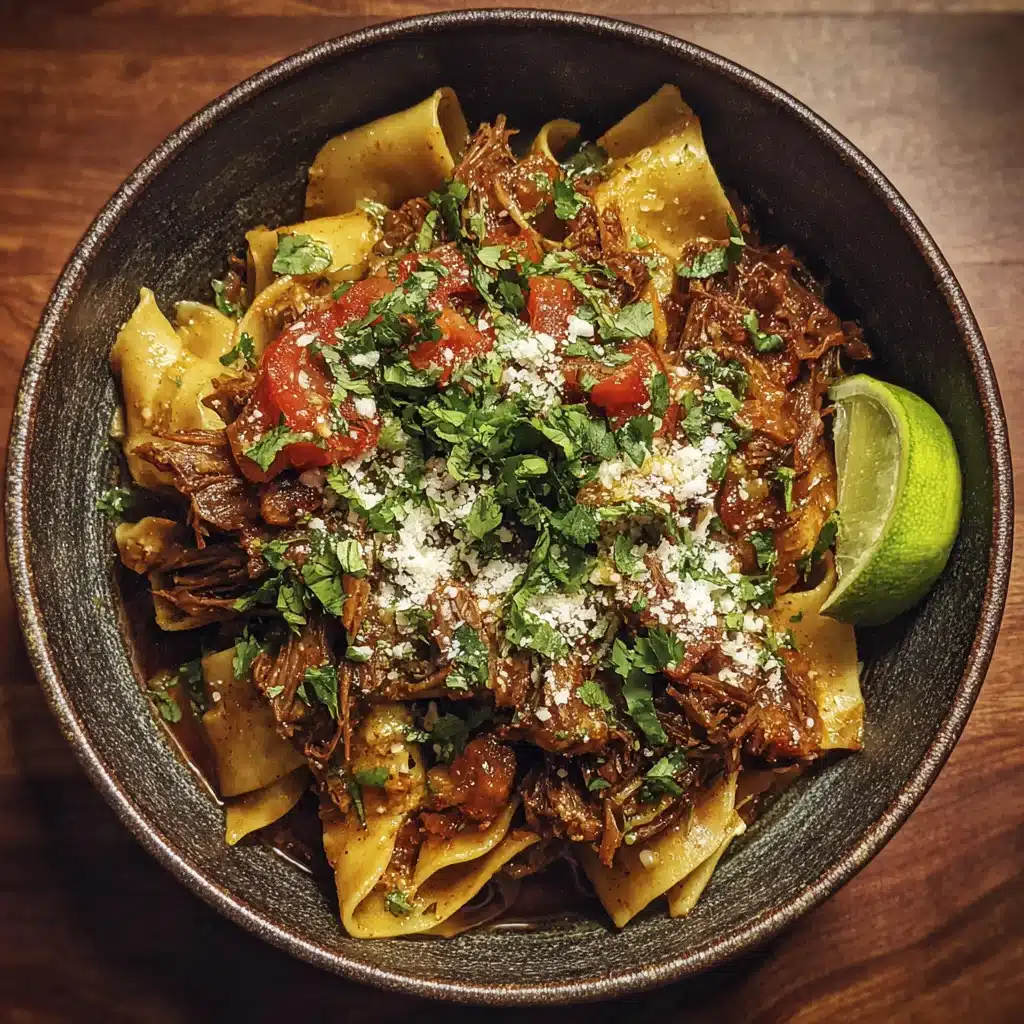 plated beef birria pasta