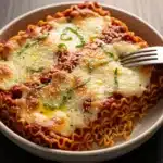 Ramen noodles lasagna baked with golden cheese and tomato sauce