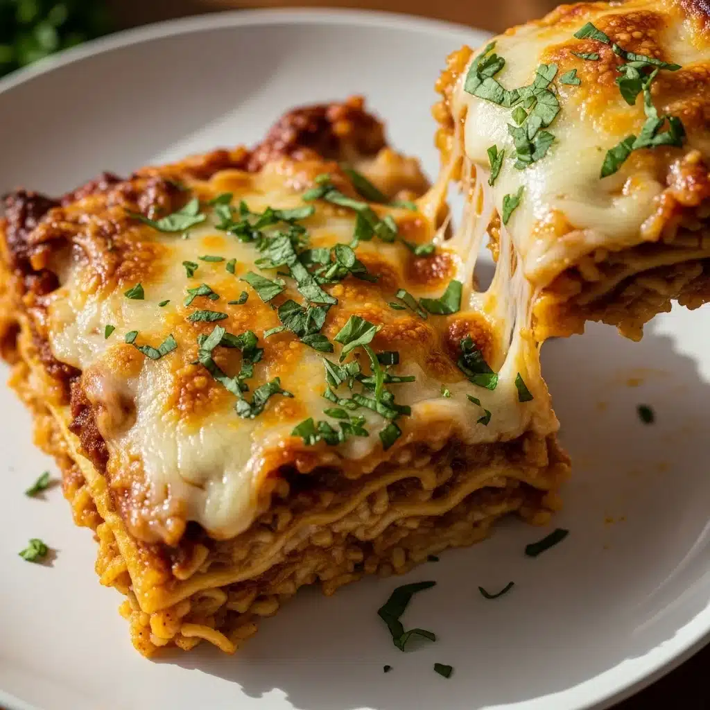 Slice of ramen noodles lasagna on white plate with herbs