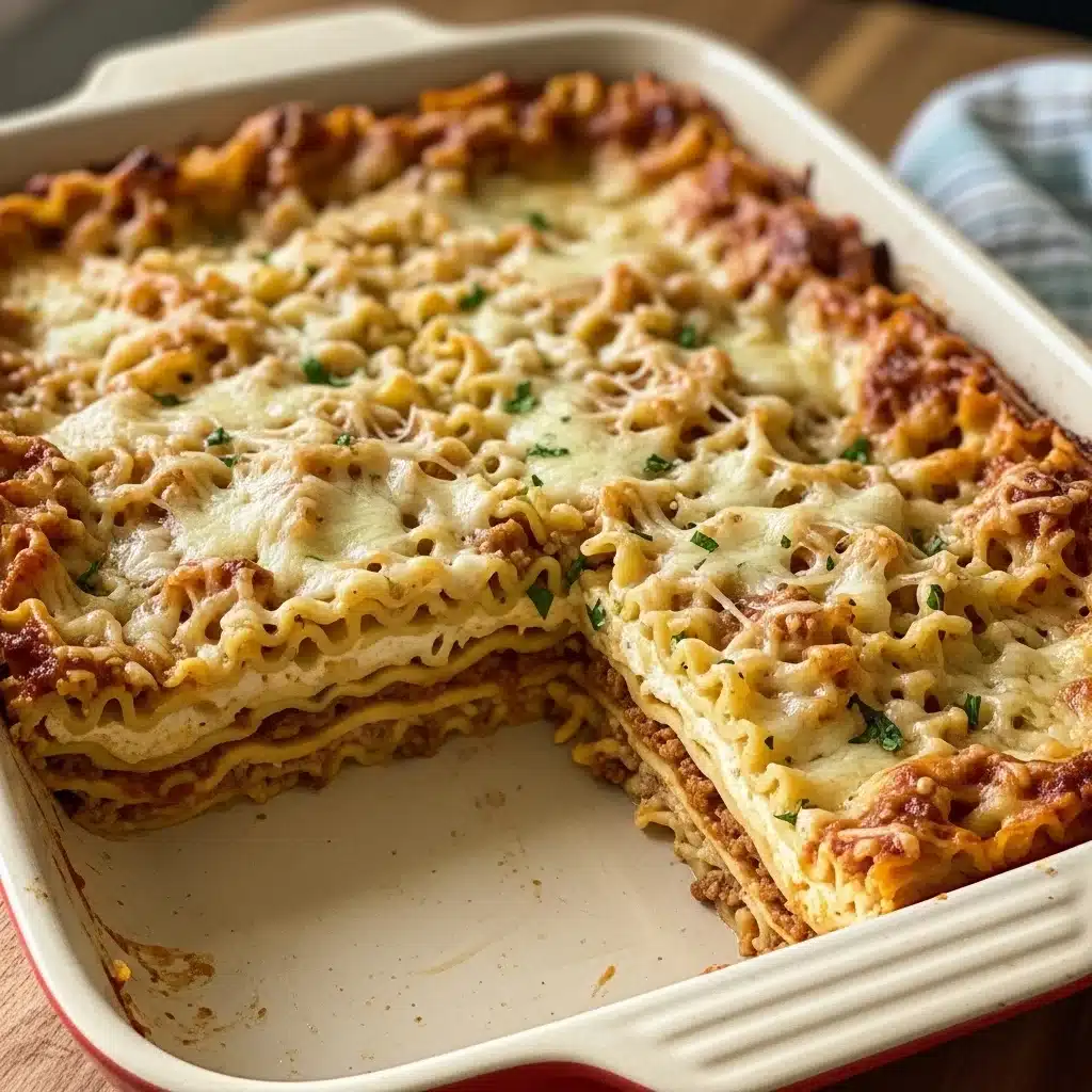 Full tray of ramen noodles lasagna with one slice removed