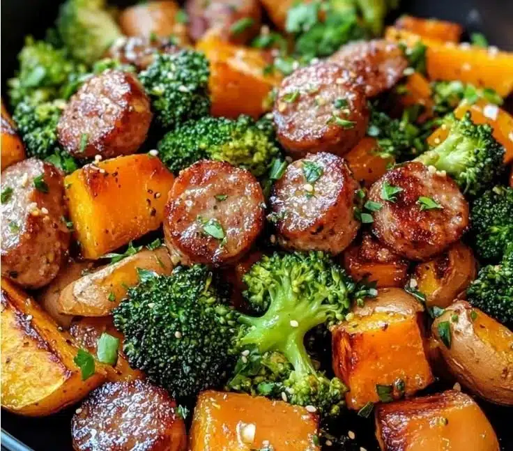 Sheet pan sausage and sweet potatoes drizzled with honey garlic sauce.