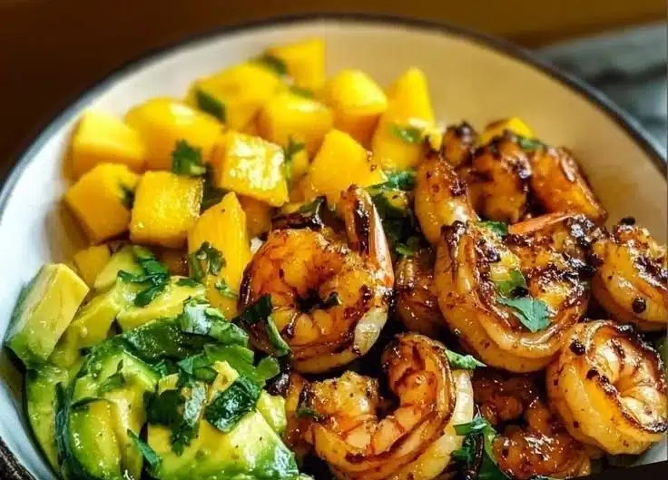Delicious Shrimp Avocado Mango Bowls with fresh ingredients.