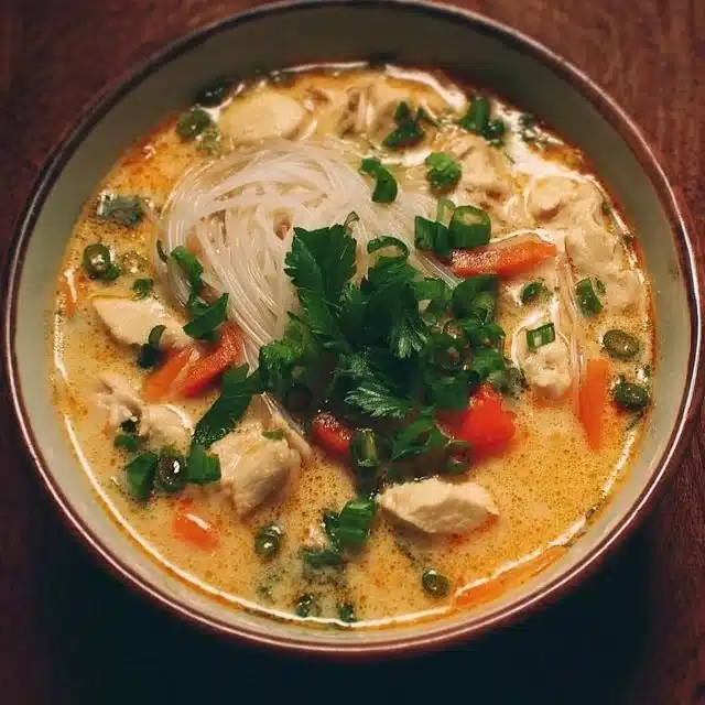 Bowl of simple Thai chicken soup garnished with herbs and lime.