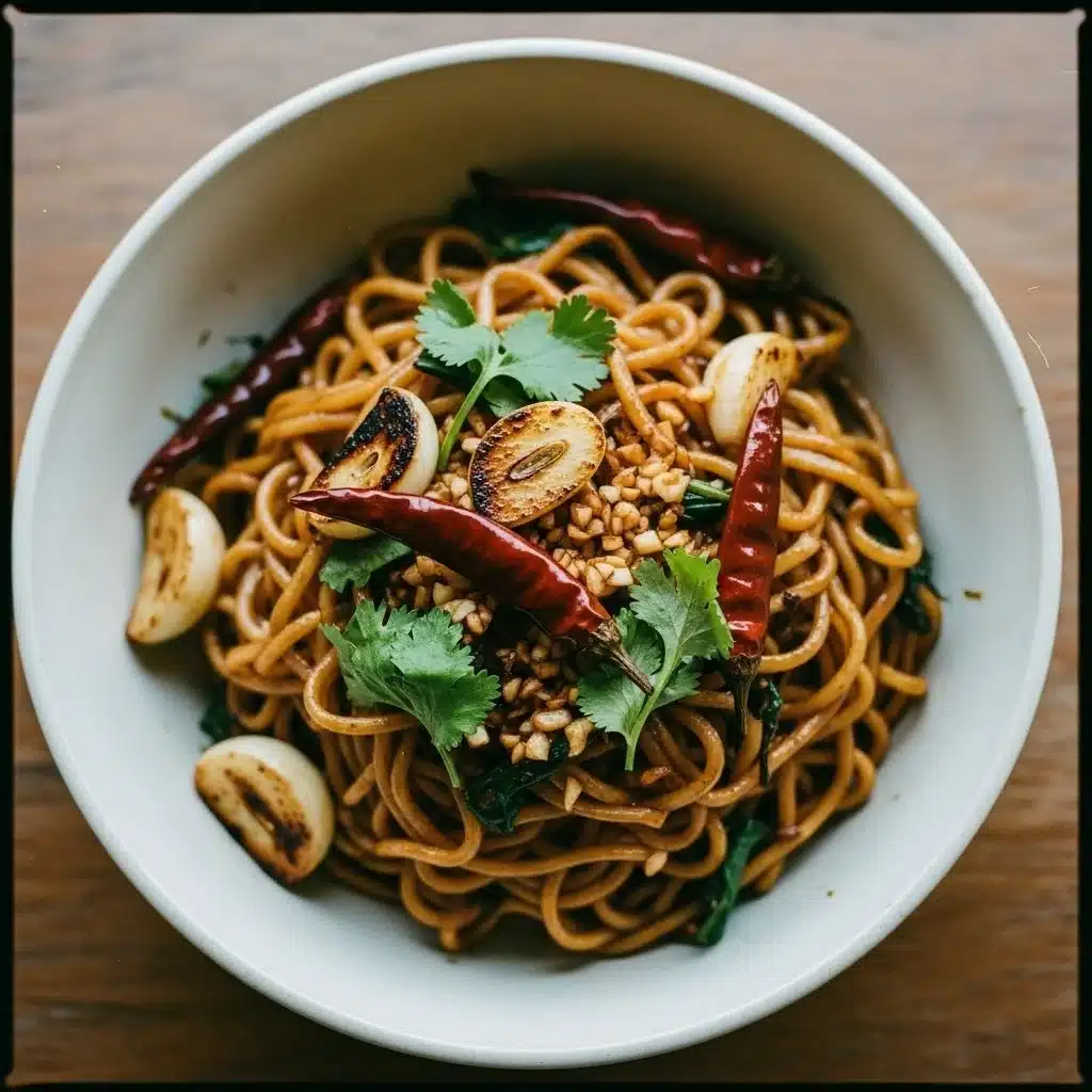 Plate of spicy Garlic Chilli Noodles garnished with fresh herbs