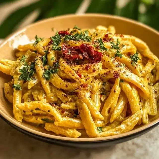 Delicious spicy rattlesnake pasta topped with herbs and spices