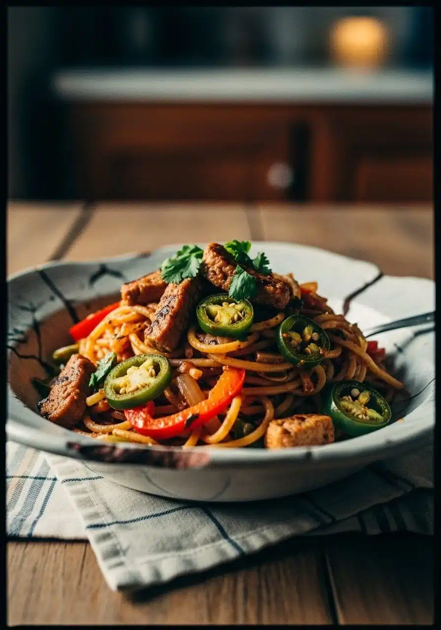 Creamy Spicy Rattlesnake Pasta with sausage and vegetables in a bowl
