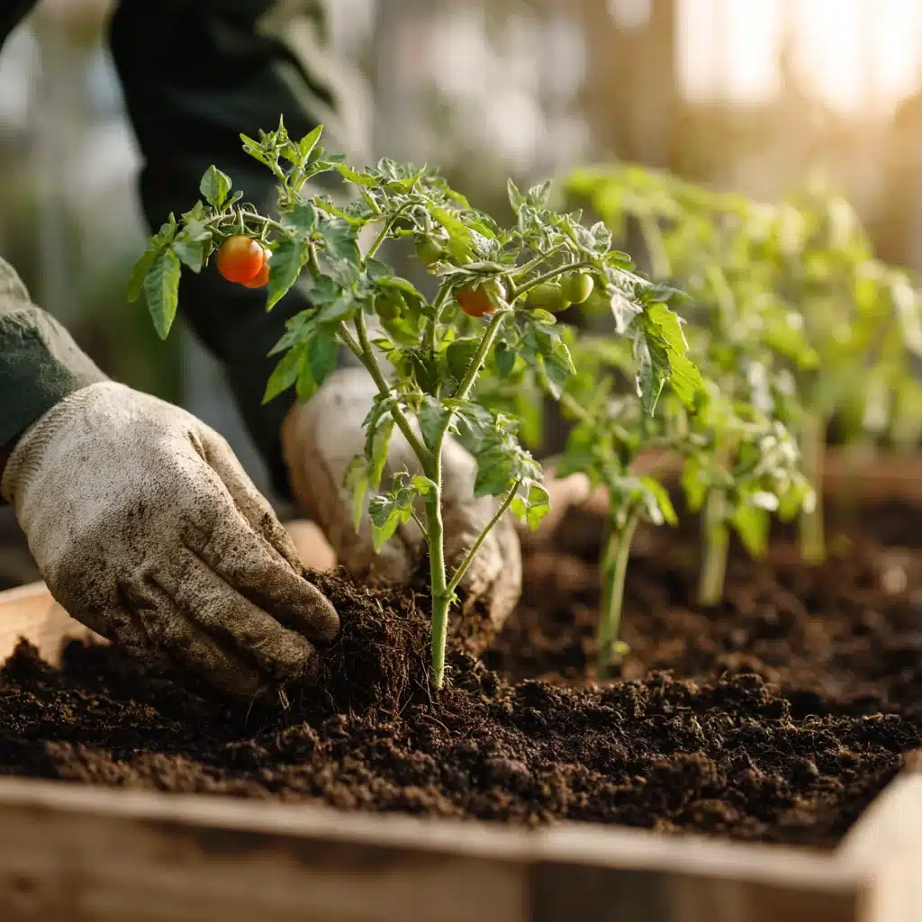 Transplanting Amish Paste tomato seedlings into rich garden soil