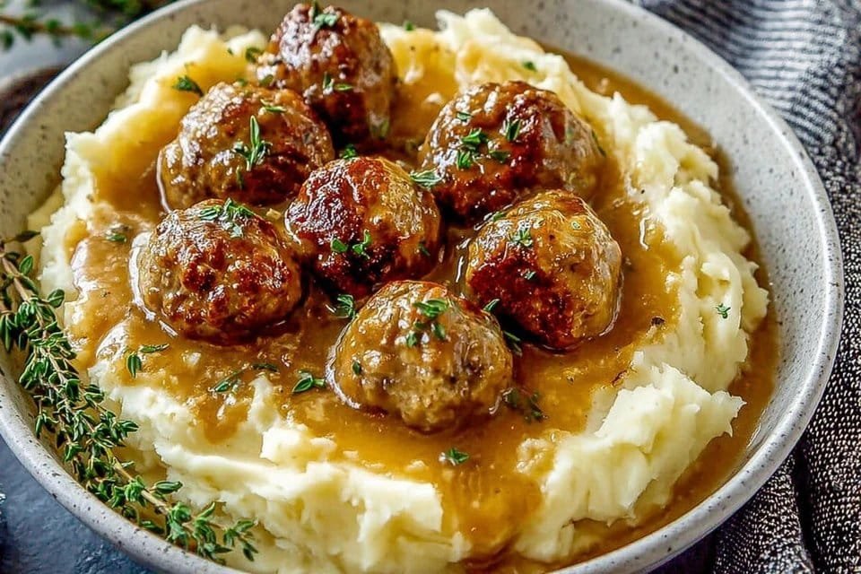 Creamy Roasted Garlic Mashed Potatoes with Savory Sausage Gravy
