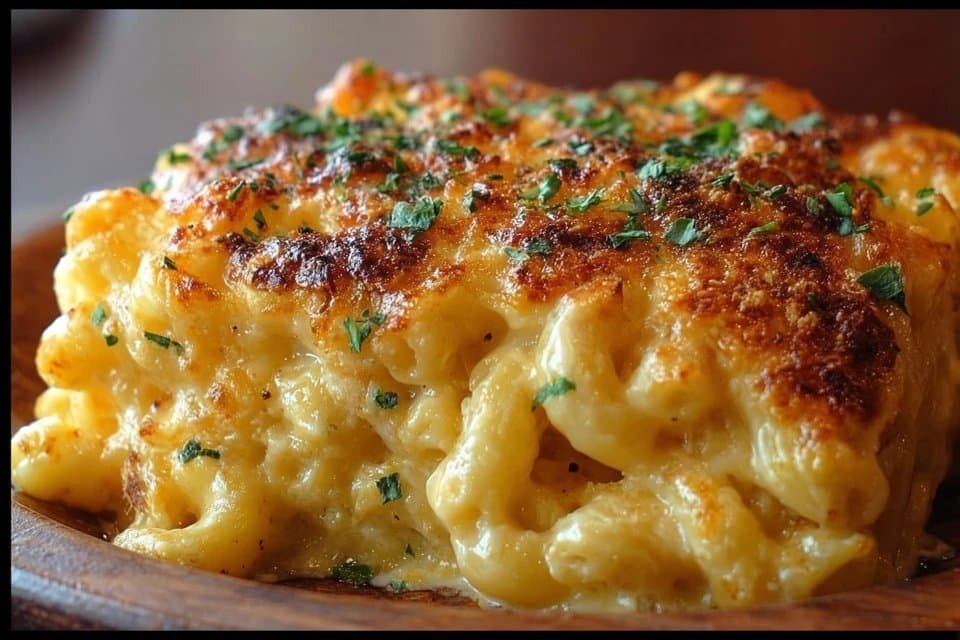 Baked macaroni and cheese with golden topping