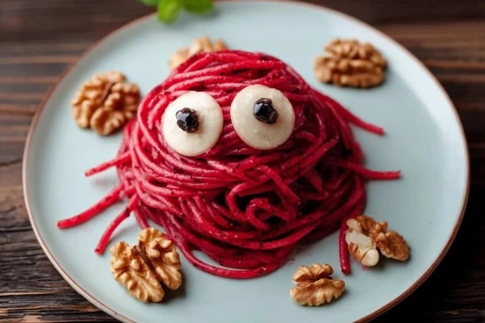 The Ultimate Spooky Halloween Pasta with Beetroot and Mozzarella Eyes