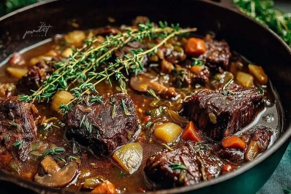 Bowl of authentic Belgian slow-cooked beef stew with fresh herbs and vegetables