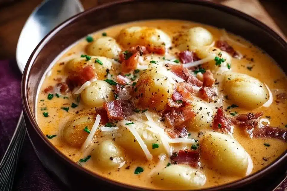 Bacon Cheddar Gnocchi Soup with crispy bacon and herbs