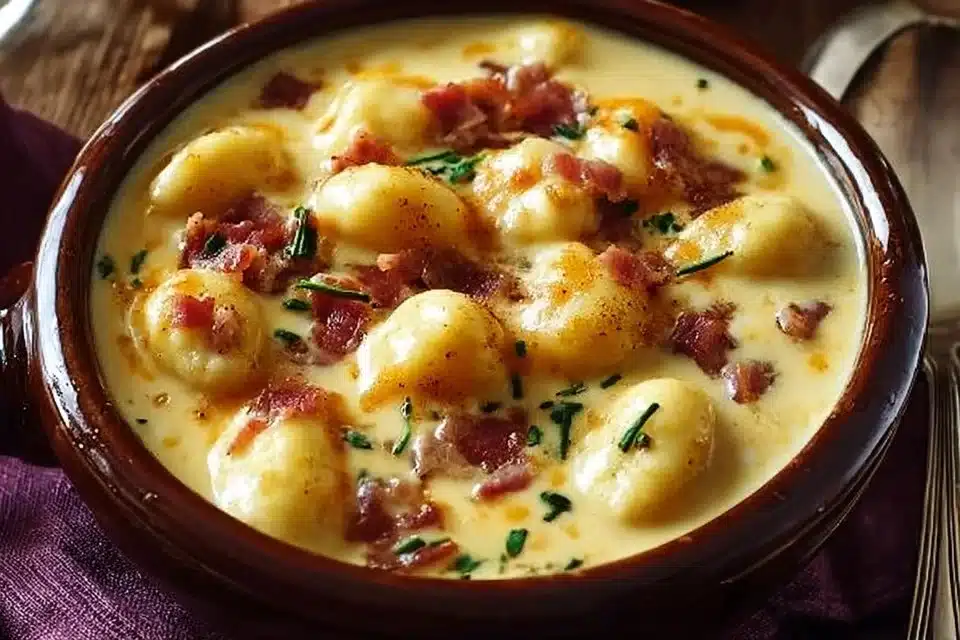 Bacon Cheddar Gnocchi Soup in a bowl garnished with herbs