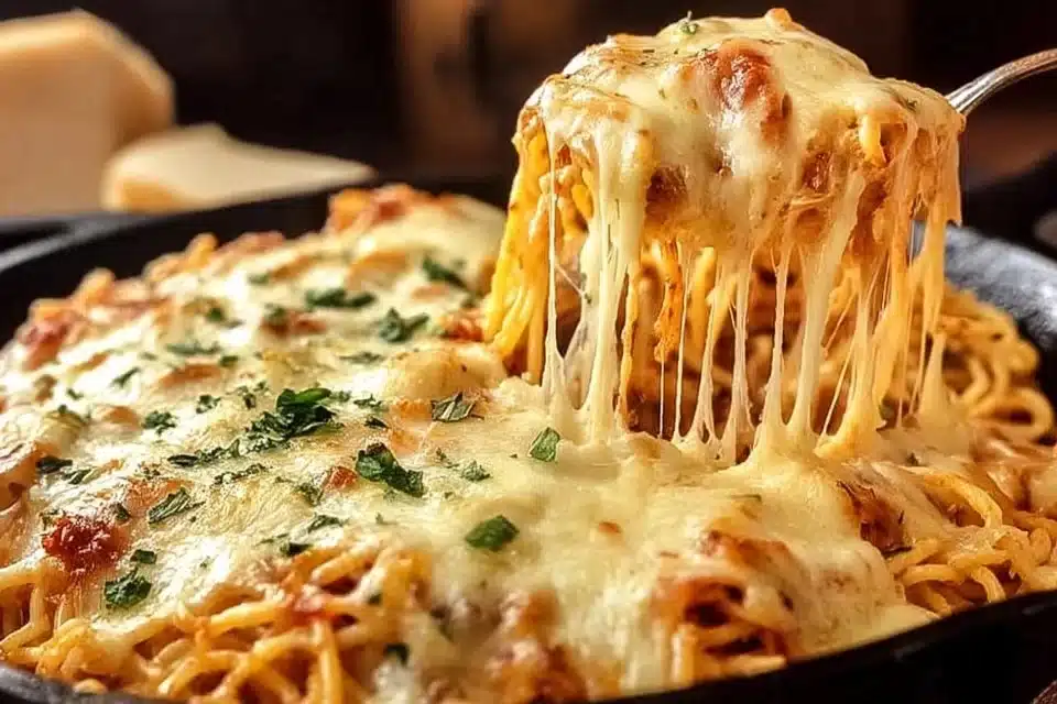 Baked Cream Cheese Spaghetti Casserole with golden topping