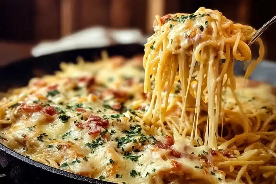 Baked Cream Cheese Spaghetti Casserole close-up