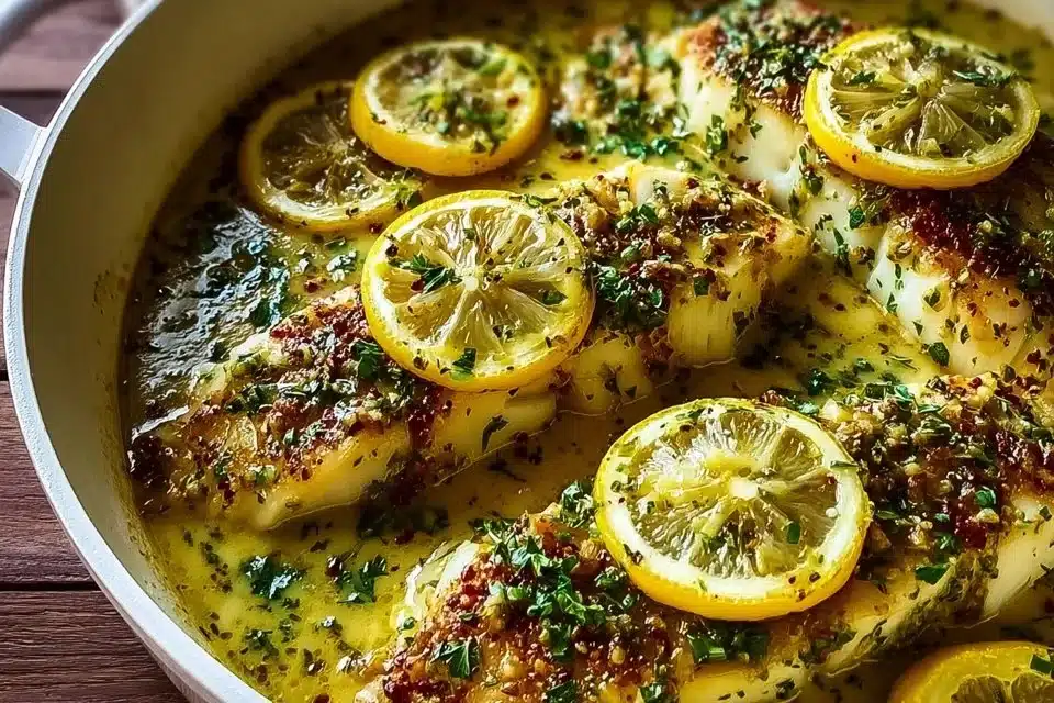 Baked lemon-garlic cod fillet with butter sauce on a plate.