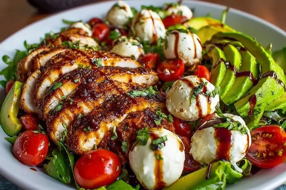 Baked marinated chicken salad with mozzarella and balsamic vinaigrette