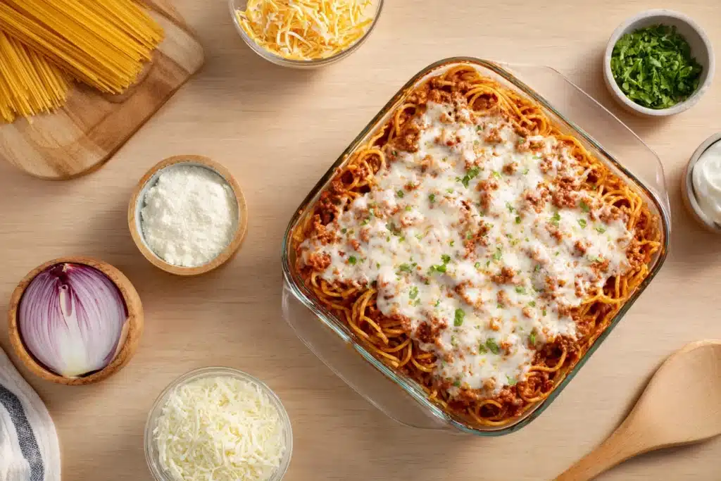 Recipe Card for Baked Cream Cheese Spaghetti Casserole
