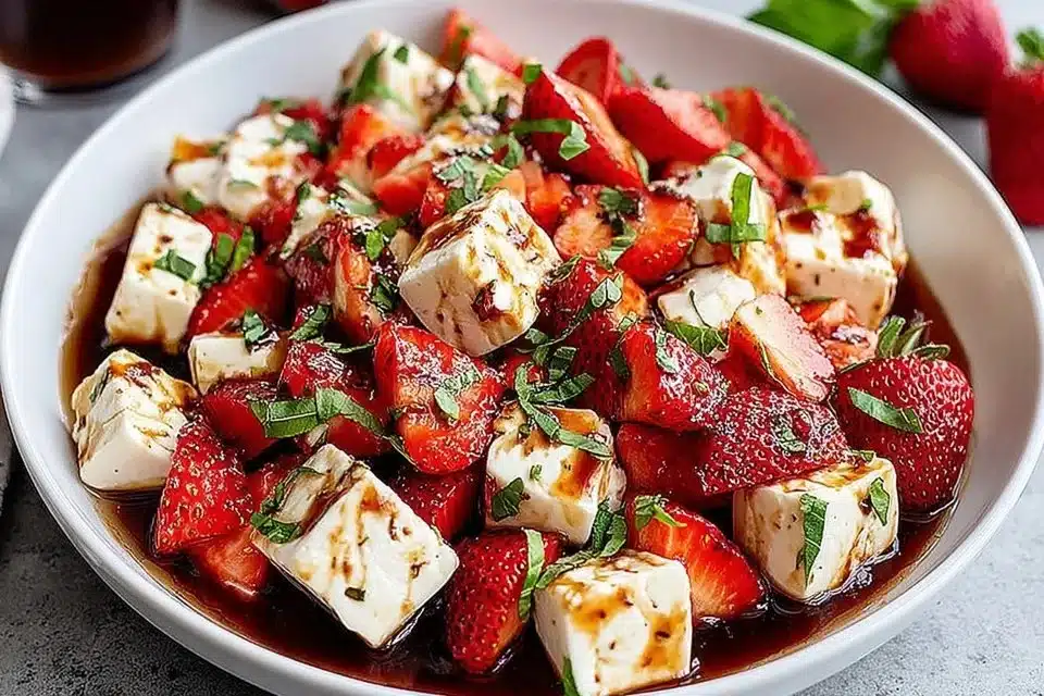 Balsamic Strawberry Caprese salad with fresh strawberries, mozzarella, and basil.