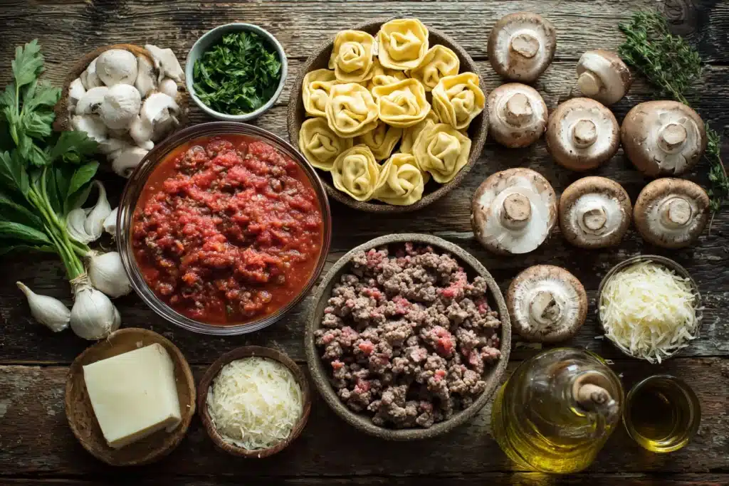 Ingredients for Easy One-Pan Beefy Tortellini Bake