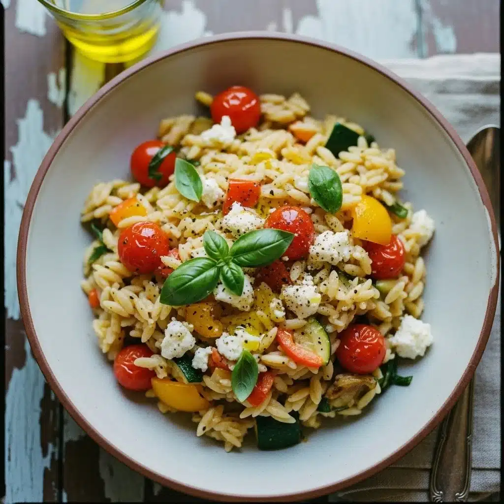 Delicious orzo dinner served with vegetables and herbs.