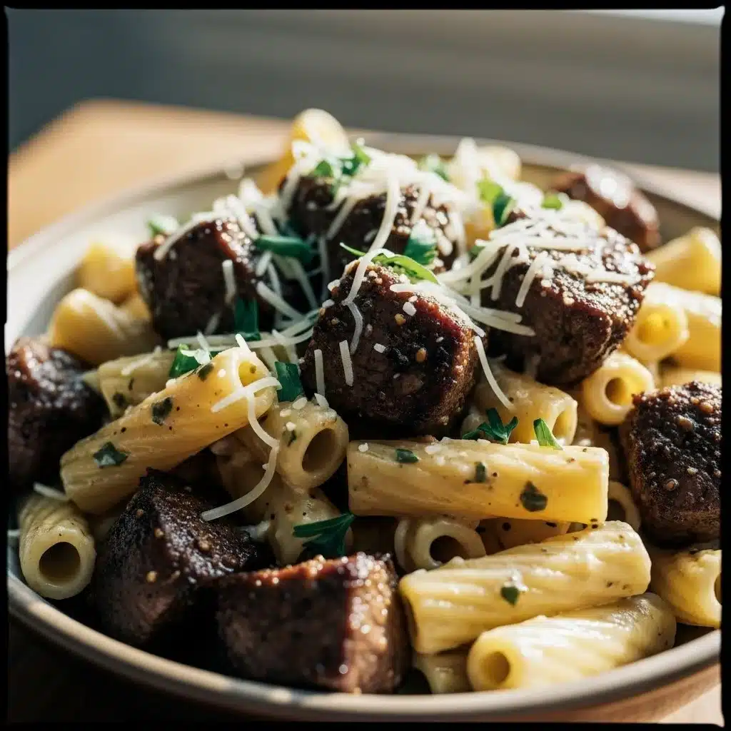 Cajun Steak Tips served in cheesy rigatoni parmesan sauce