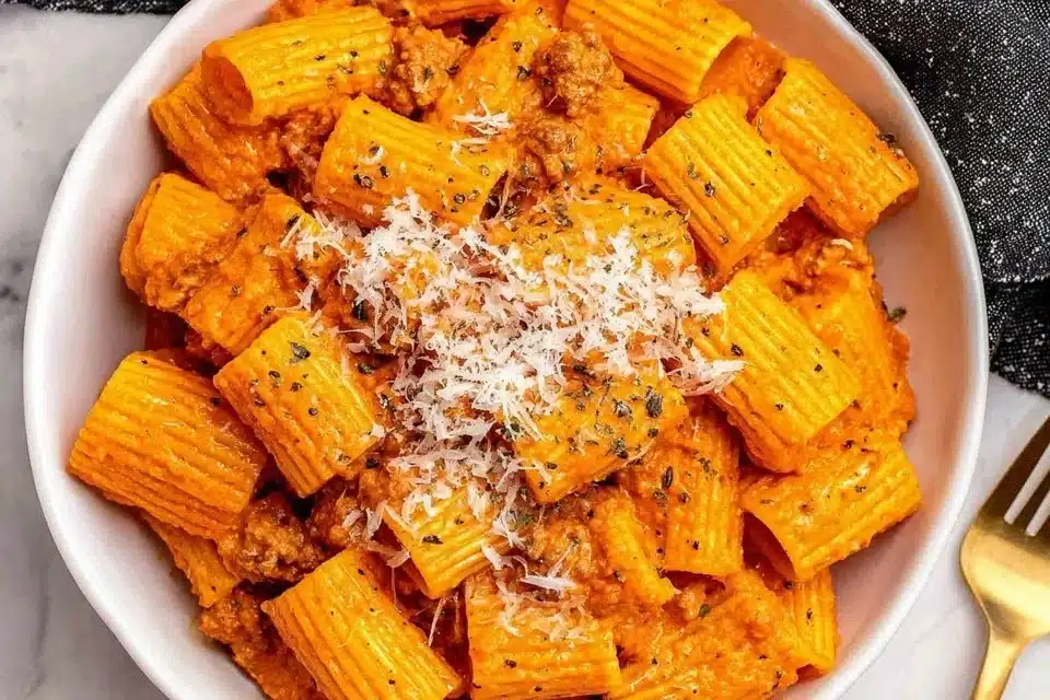 Delicious Carbon Spicy Rigatoni pasta garnished with fresh herbs.