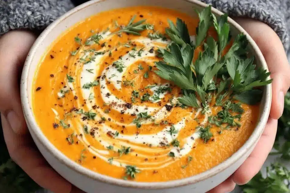 Creamy carrot ginger soup garnished with fresh herbs in a white bowl