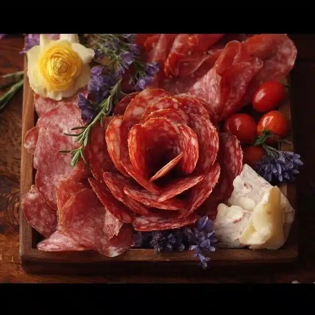 Charcuterie board with salami and prosciutto meat flowers