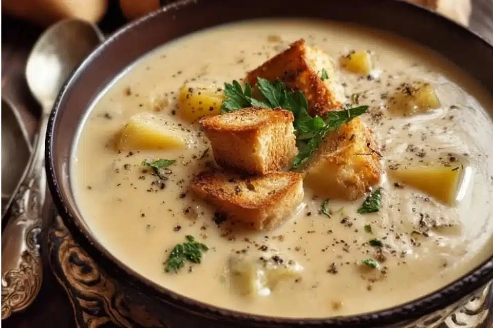 Creamy Cheddar Garlic Herb Potato Soup in a rustic bowl with herbs.