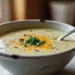 Bowl of creamy cheddar garlic herb potato soup topped with fresh herbs