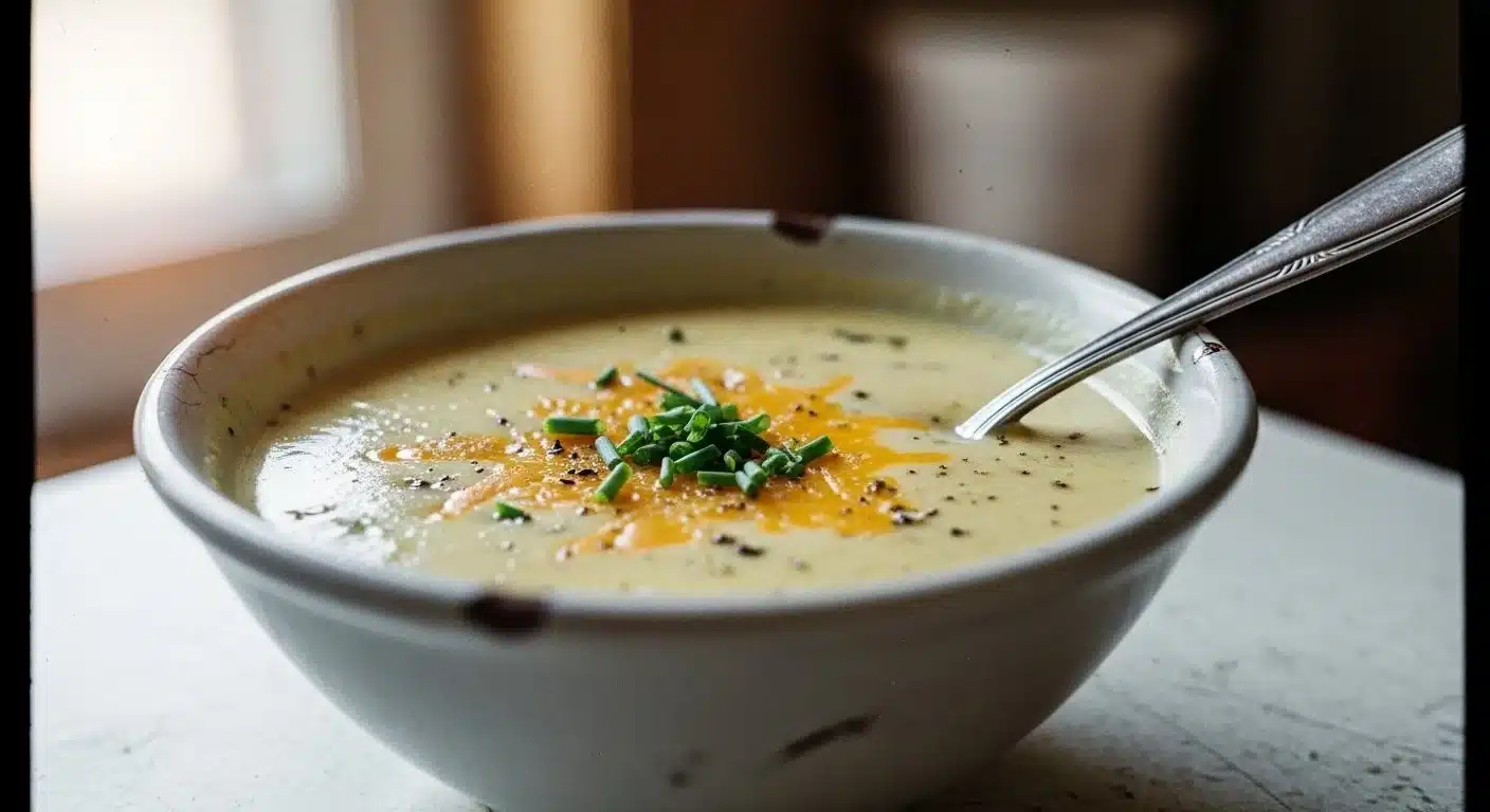 Bowl of creamy cheddar garlic herb potato soup topped with fresh herbs
