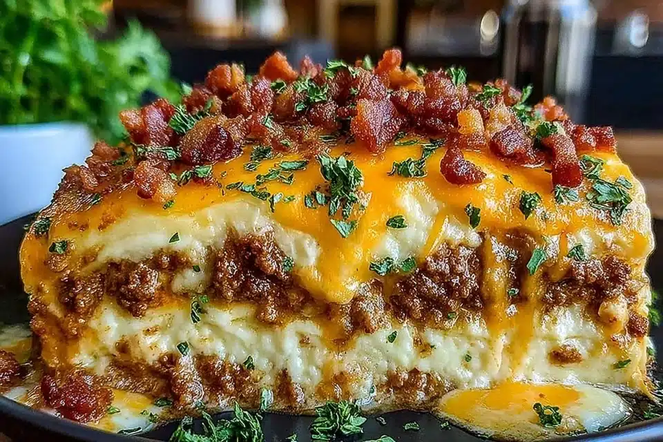 Cheesy Meatloaf Casserole topped with melted cheese and herbs