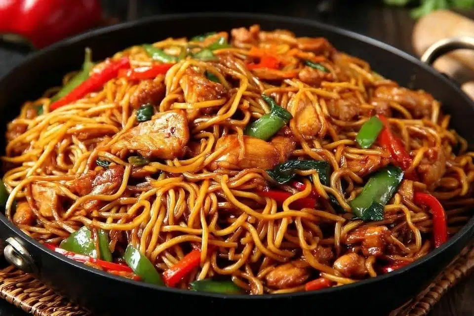 A plate of Chicken Lo Mein with vegetables and noodles stir-fried to perfection