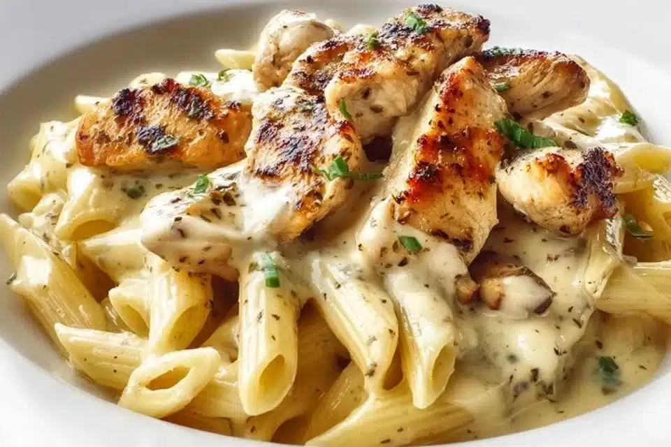 Plate of Chicken Mozzarella Pasta garnished with herbs and cheese