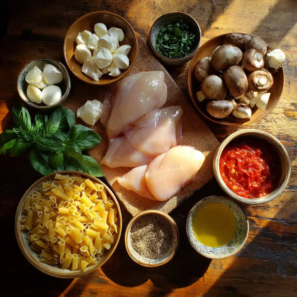 Ingredients for Chicken Mozzarella Pasta on wooden counter