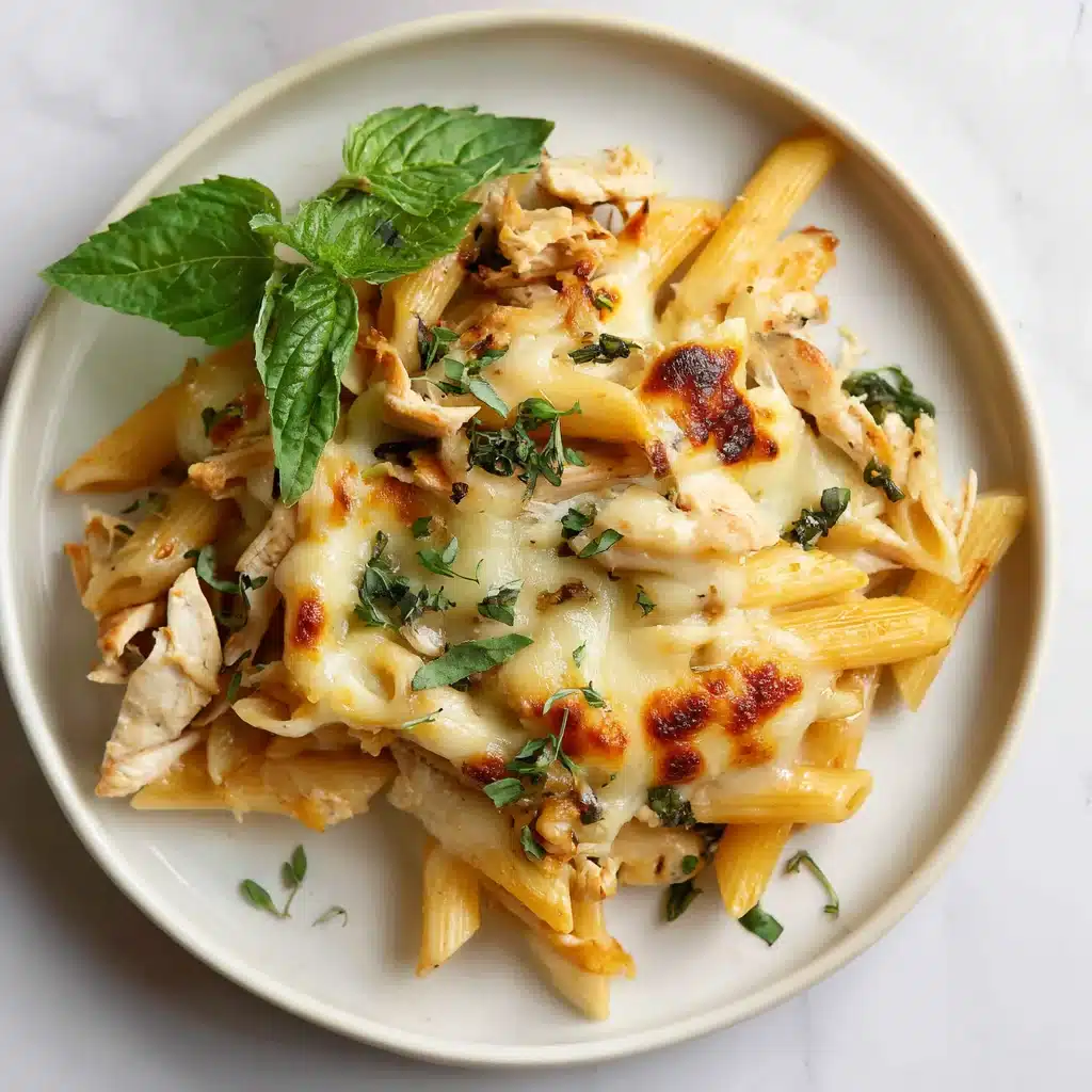 Chicken Mozzarella Pasta with recipe card beside plate