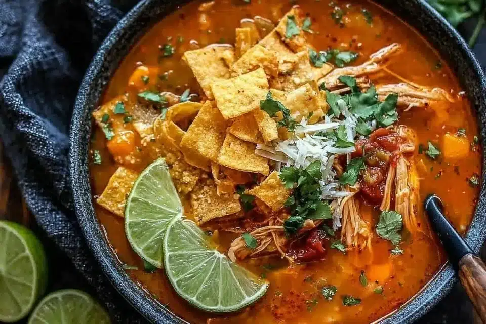 Bowl of homemade Chicken Tortilla Soup topped with crispy tortilla strips and avocado