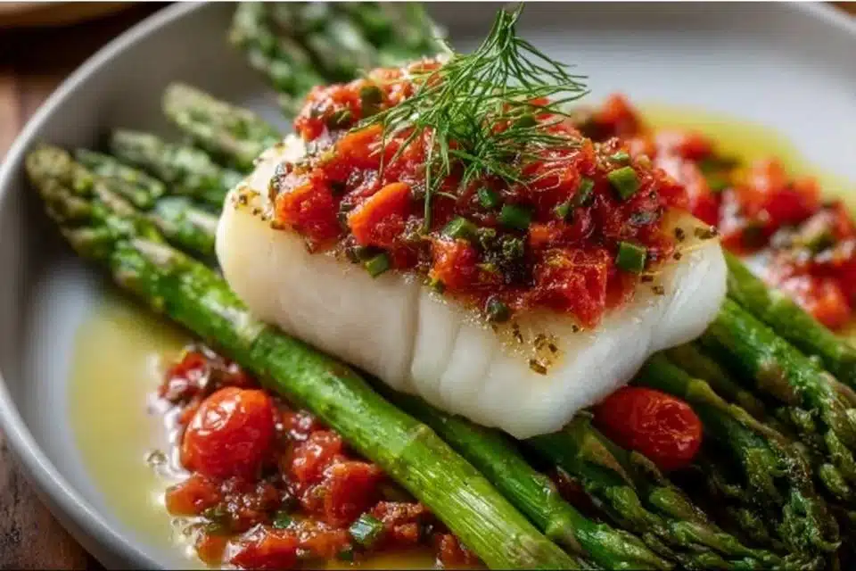 Cod with Cherry Tomato Herb Sauce garnished with fresh herbs and tomatoes