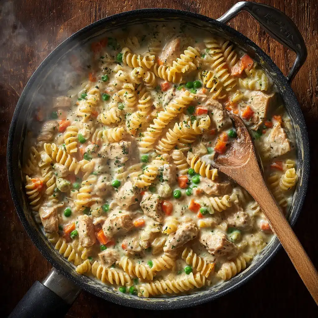 Creamy Chicken Pot Pie Pasta cooking in skillet